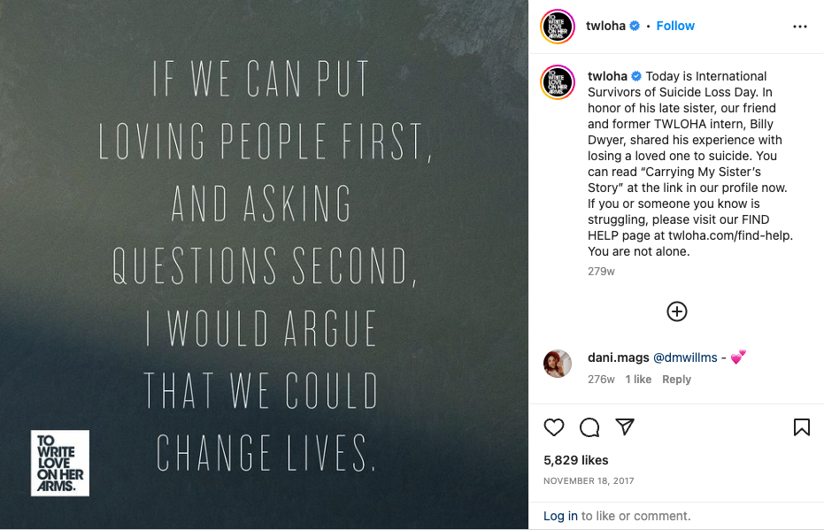 Instagram for Nonprofits example - TWLOHA