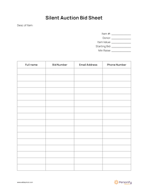 Here's your free printable silent auction bid sheet template.
