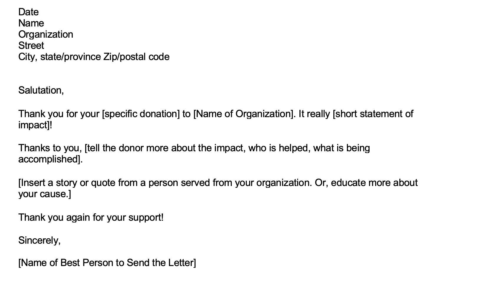 An email template for a donation thank you letter