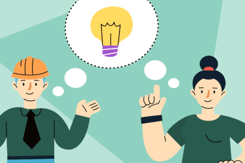 Two people are connected by a thought bubble. In it there's a lightbulb, representing the association strategies they're brainstorming