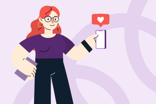 social media for nonprofits: White woman with red hair holding a cell phone. A heart notification appears above the phone.