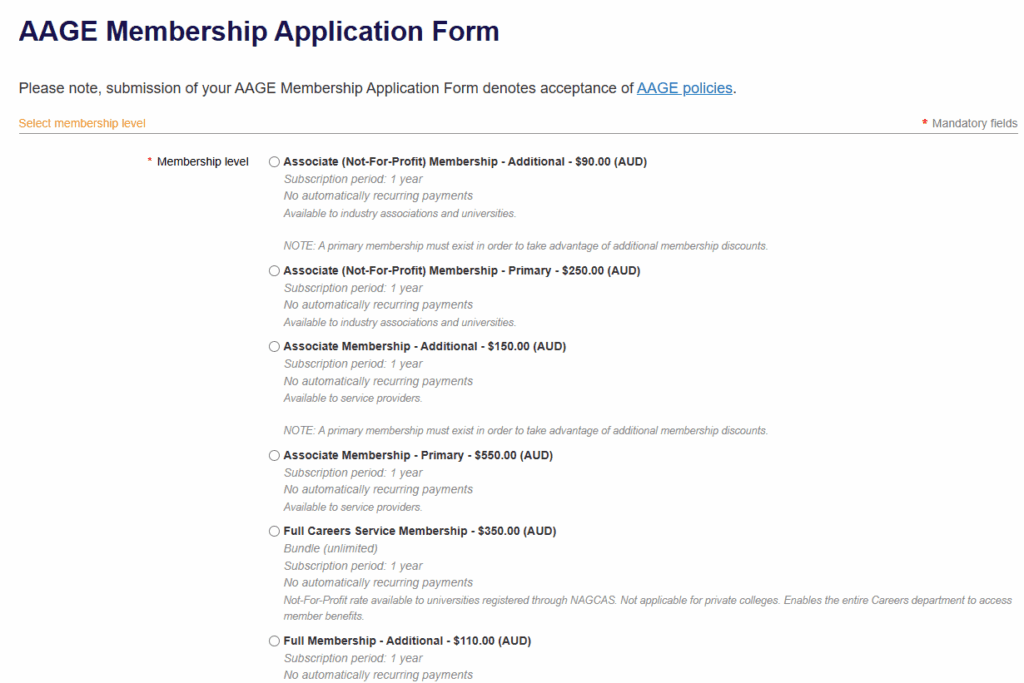 membership application form for the Australian Association for Graduate Employers (AAGE)