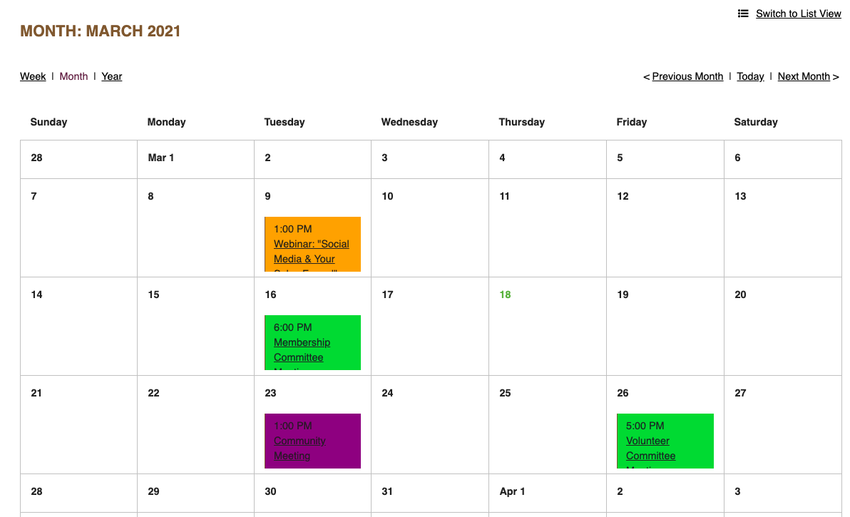 Calendar of Events