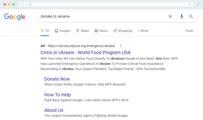 This screenshot shows how the International Rescue Committee leverages Google Ads to promote relevant content in their nonprofit marketing plan.