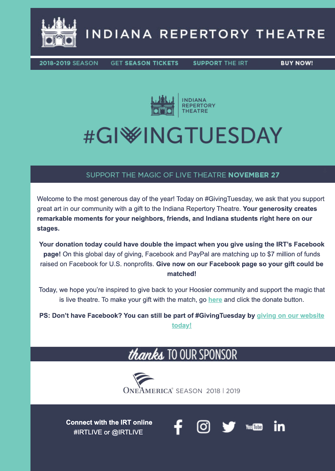 Indiana Repertory Theater giving tuesday email