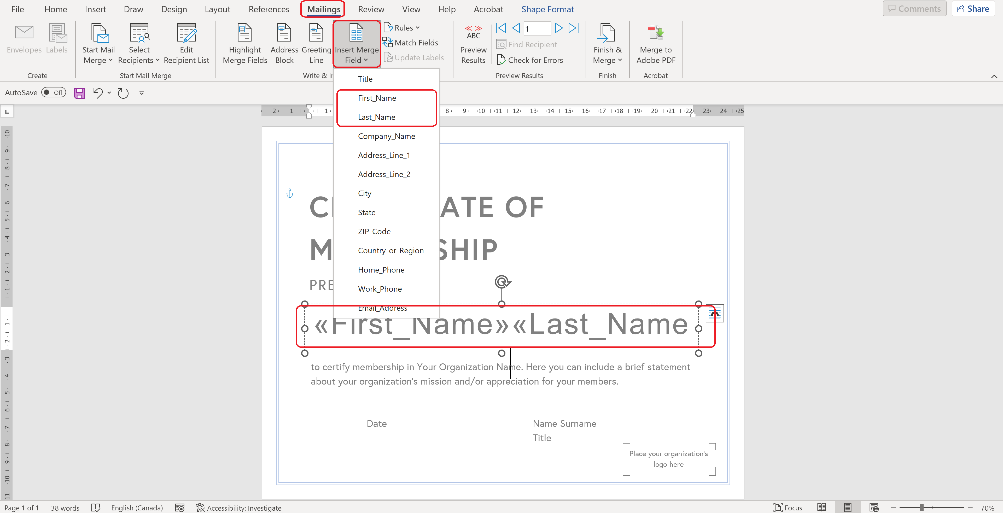Insert Merge Field Insert Merge Field
